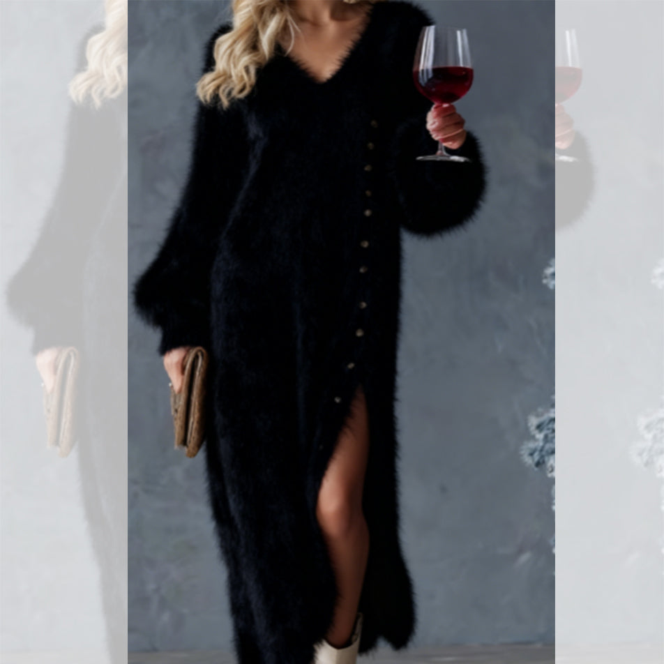 Robe élégante en peluche de haute qualité pour femme, avec fente latérale