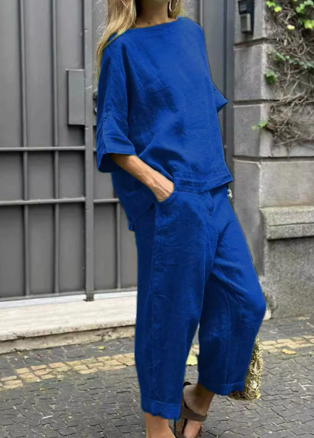Costume décontracté en coton et lin de couleur unie pour femme