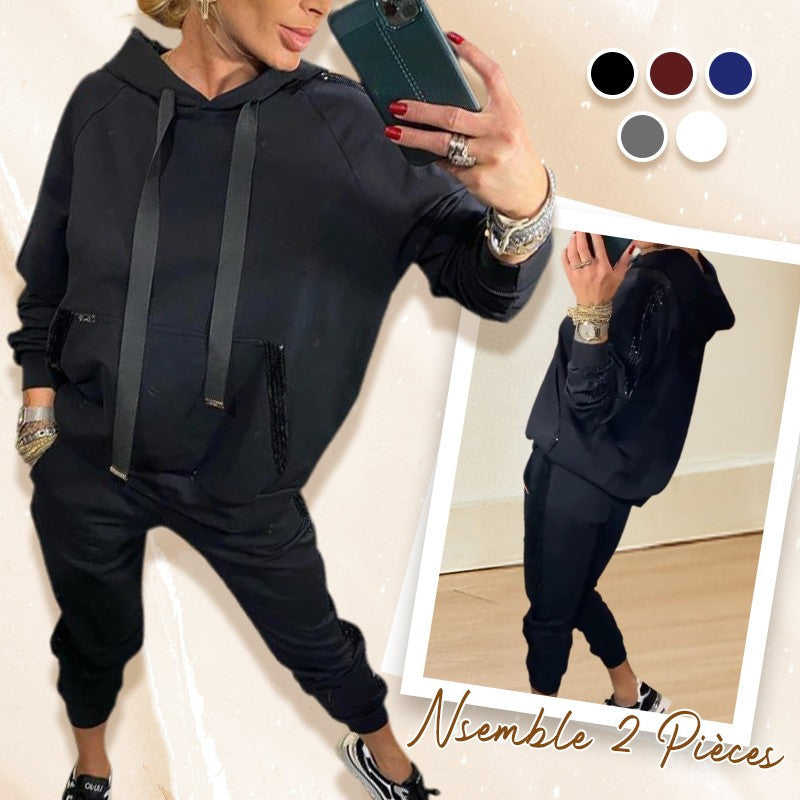 Ensemble 2 pièces de hauts à capuche avec cordon de serrage pour femmes & pantalons