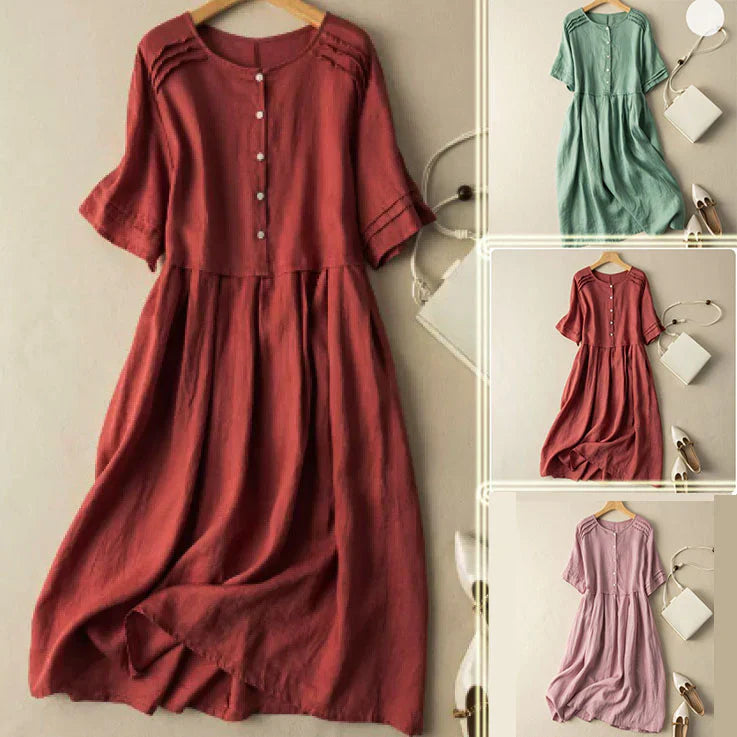 Robe à manches courtes en coton et lin de style rétro