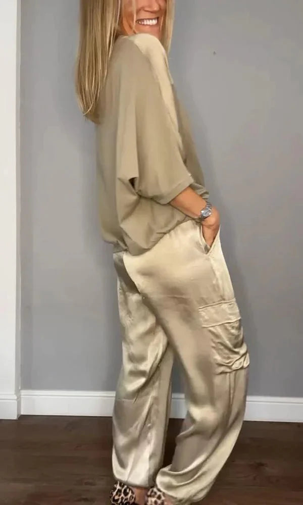Ensemble Top et Pantalon en Satin Lisse à Manches Demi-longues