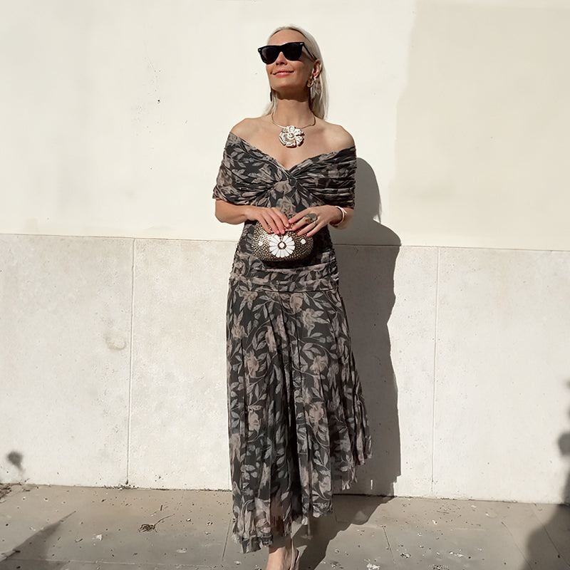 Robe imprimée à col V hors épaule pour femmes