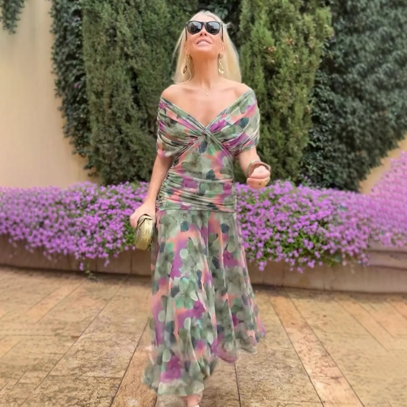 Robe imprimée à col V hors épaule pour femmes