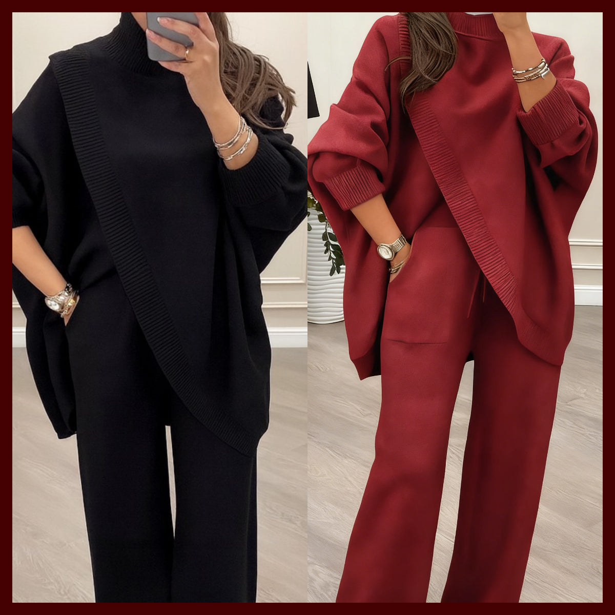Ensemble 2 pièces femme – Pull asymétrique + pantalon large, coupe ample et tissu doux, ultra confortable