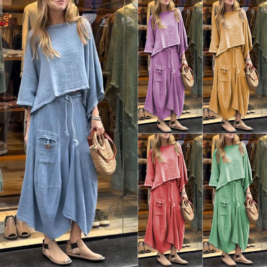 Ensemble 2 Pièces pour Femme : Haut Décontracté à Col Rond et Jupe Ample