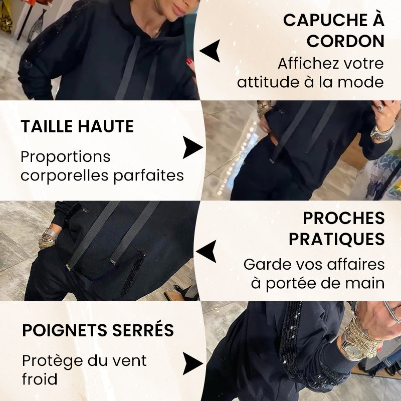 Ensemble 2 pièces de hauts à capuche avec cordon de serrage pour femmes & pantalons