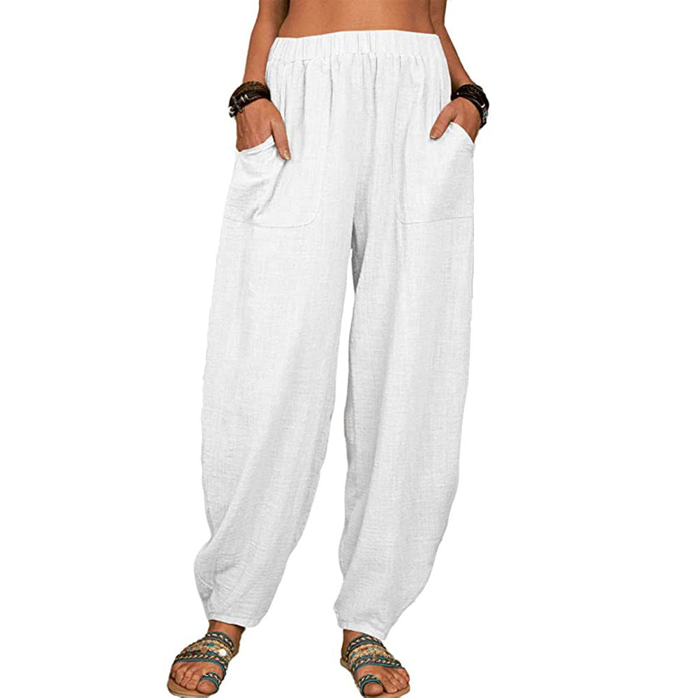 Pantalon ample droit large femme en coton et lin