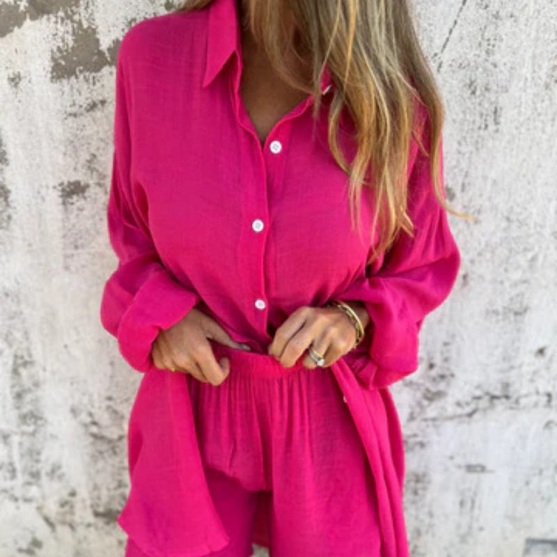 Ensemble deux pièces chemise et short décontractés en coton et lin pour femme