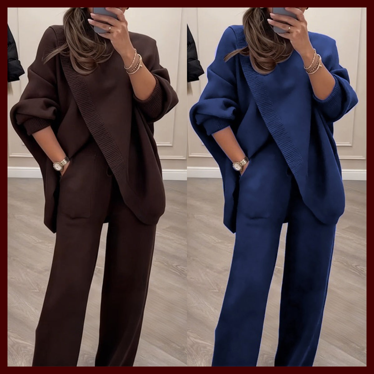 Ensemble 2 pièces femme – Pull asymétrique + pantalon large, coupe ample et tissu doux, ultra confortable