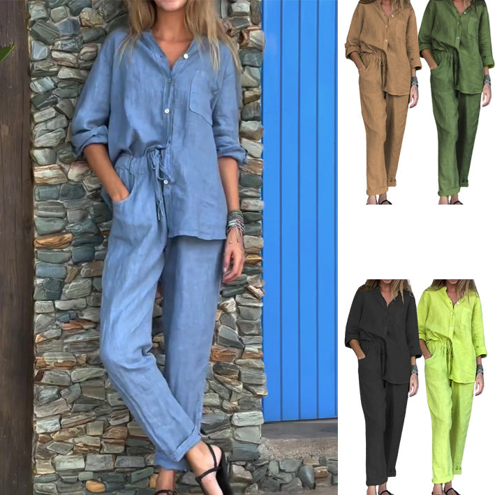 Ensemble 2 pièces en coton et lin pour femmes, grande taille