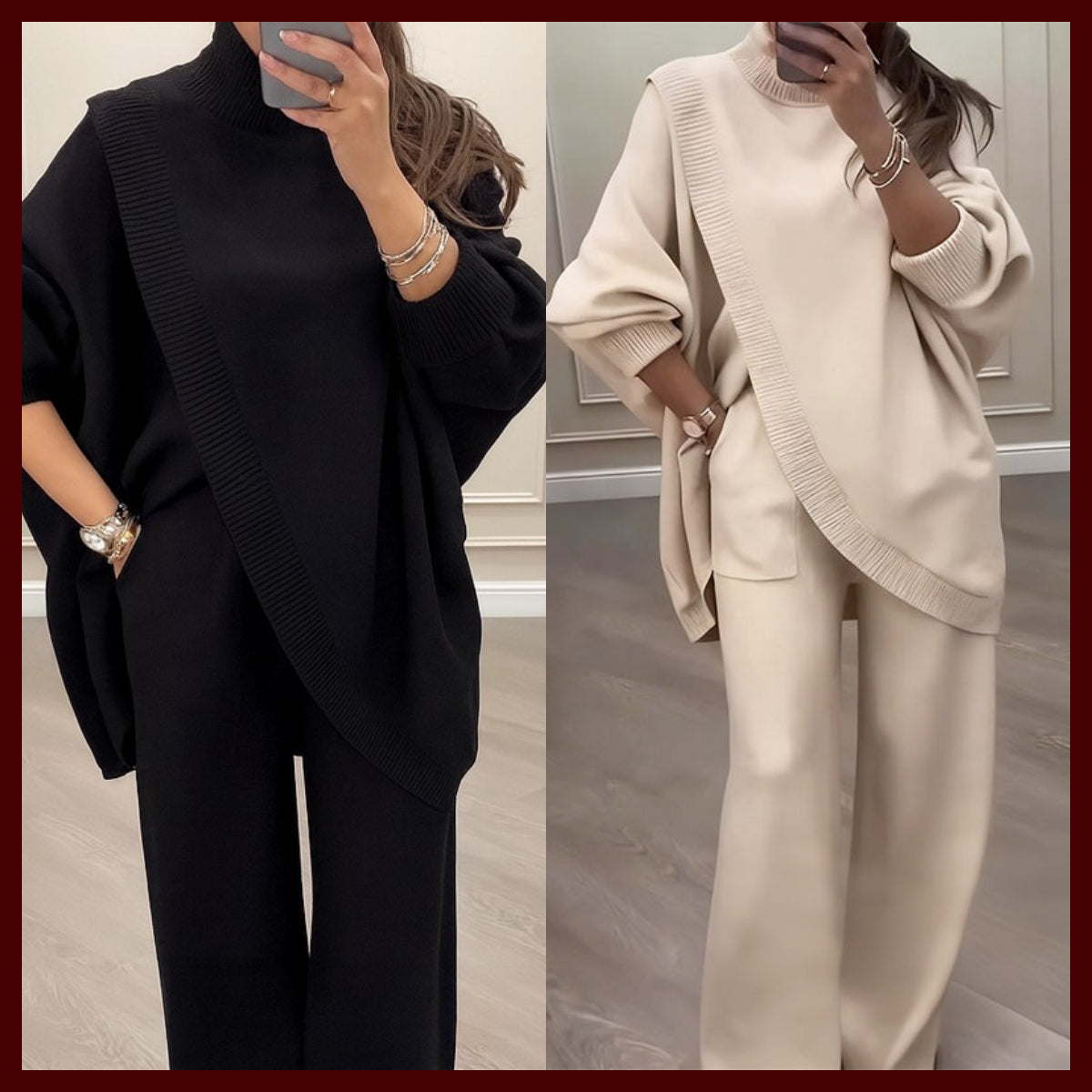 Ensemble 2 pièces femme – Pull asymétrique + pantalon large, coupe ample et tissu doux, ultra confortable