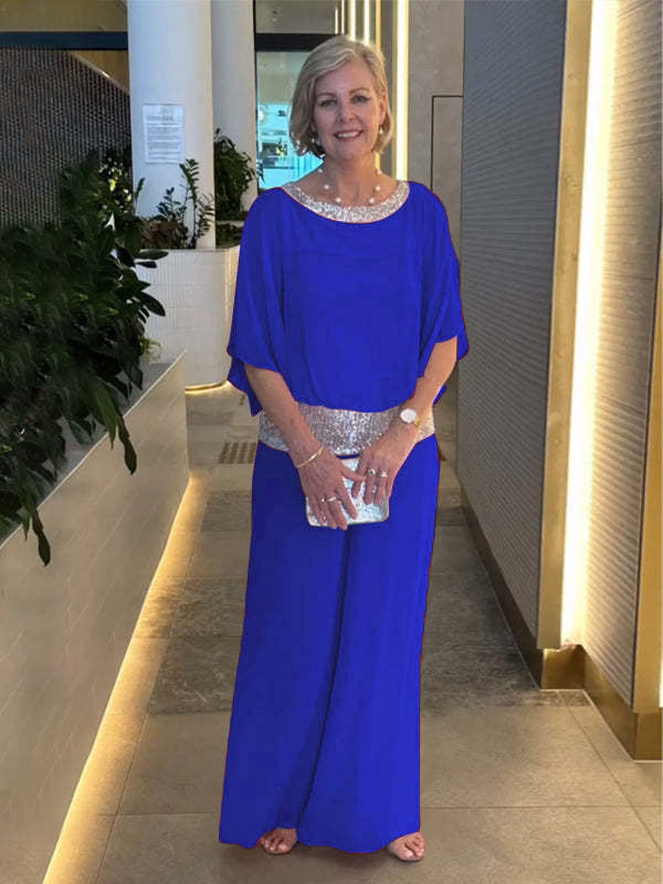 Ensemble deux pièces color block élégant et brillant à col rond