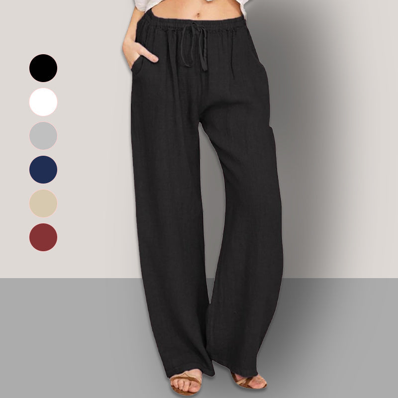 Pantalon large décontracté en coton et lin pour femme