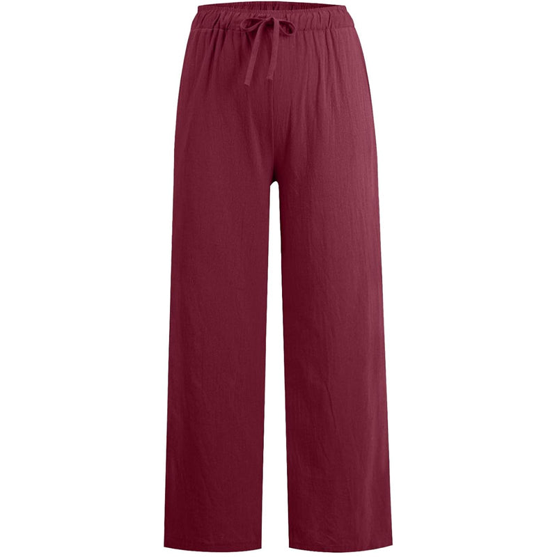 Pantalon large décontracté en coton et lin pour femme