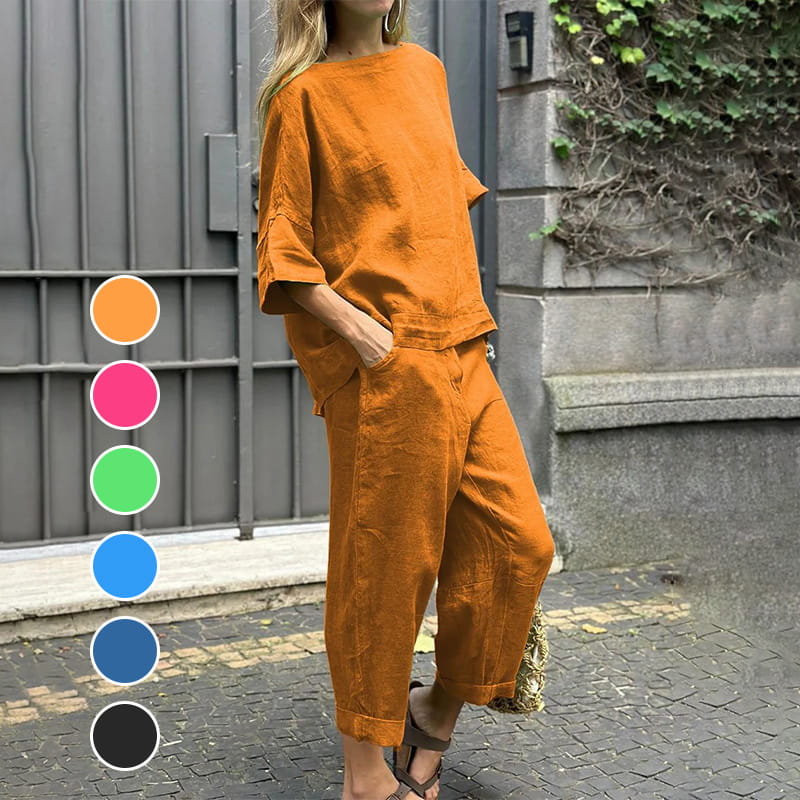 Costume décontracté en coton et lin de couleur unie pour femme