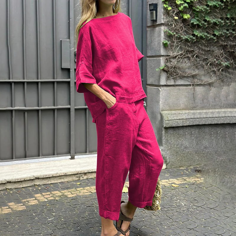 Costume décontracté en coton et lin de couleur unie pour femme