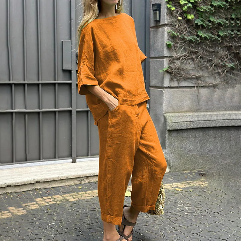 Costume décontracté en coton et lin de couleur unie pour femme