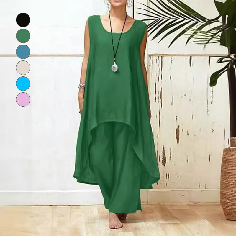 Ensemble deux pièces femme élégant grande taille en coton et lin