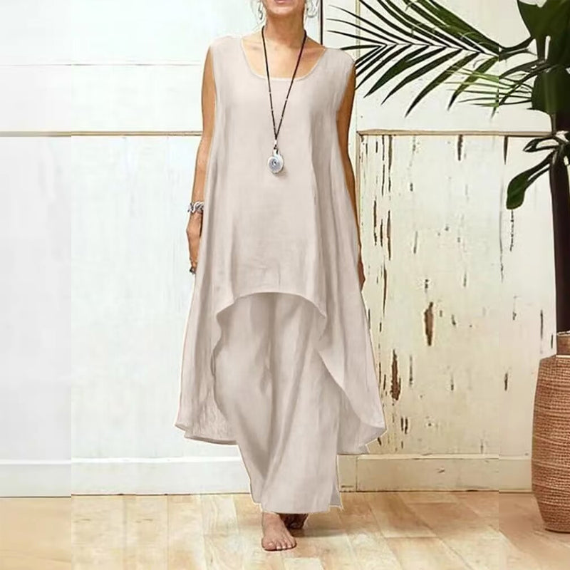 Ensemble deux pièces femme élégant grande taille en coton et lin