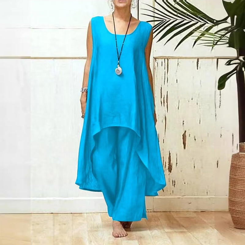 Ensemble deux pièces femme élégant grande taille en coton et lin