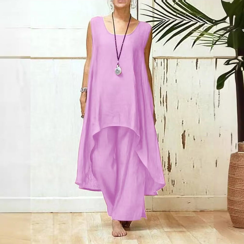 Ensemble deux pièces femme élégant grande taille en coton et lin