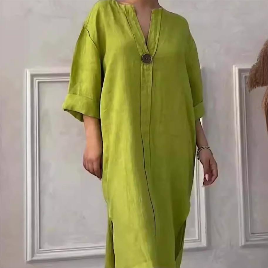 Robe décontractée et respirante de couleur unie avec manches 3/4 et col en V