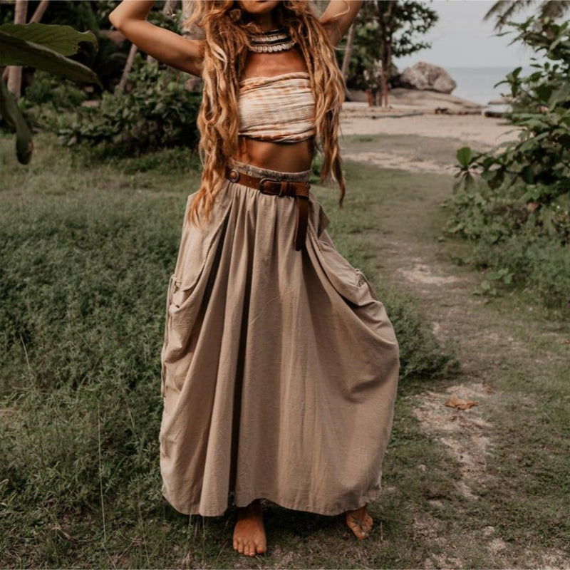 Jupe décontractée à larges poches latérales en coton et lin pour femmes