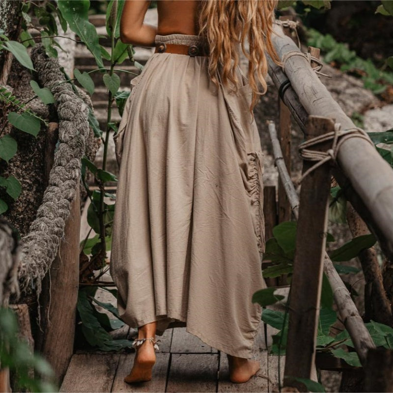 Jupe décontractée à larges poches latérales en coton et lin pour femmes