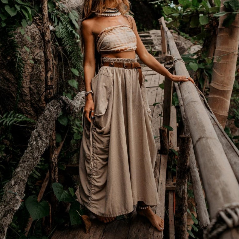 Jupe décontractée à larges poches latérales en coton et lin pour femmes