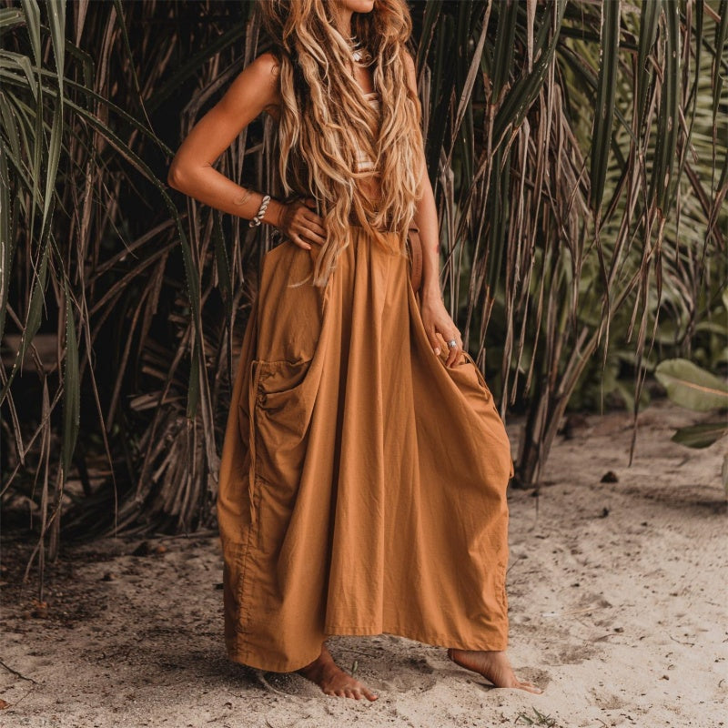 Jupe décontractée à larges poches latérales en coton et lin pour femmes