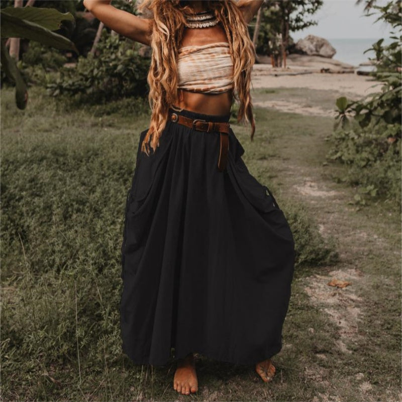 Jupe décontractée à larges poches latérales en coton et lin pour femmes