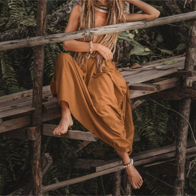 Jupe décontractée à larges poches latérales en coton et lin pour femmes