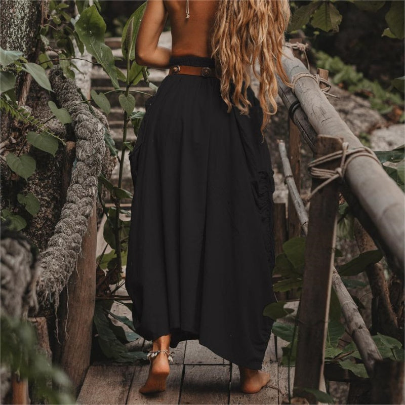 Jupe décontractée à larges poches latérales en coton et lin pour femmes