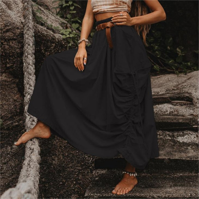 Jupe décontractée à larges poches latérales en coton et lin pour femmes