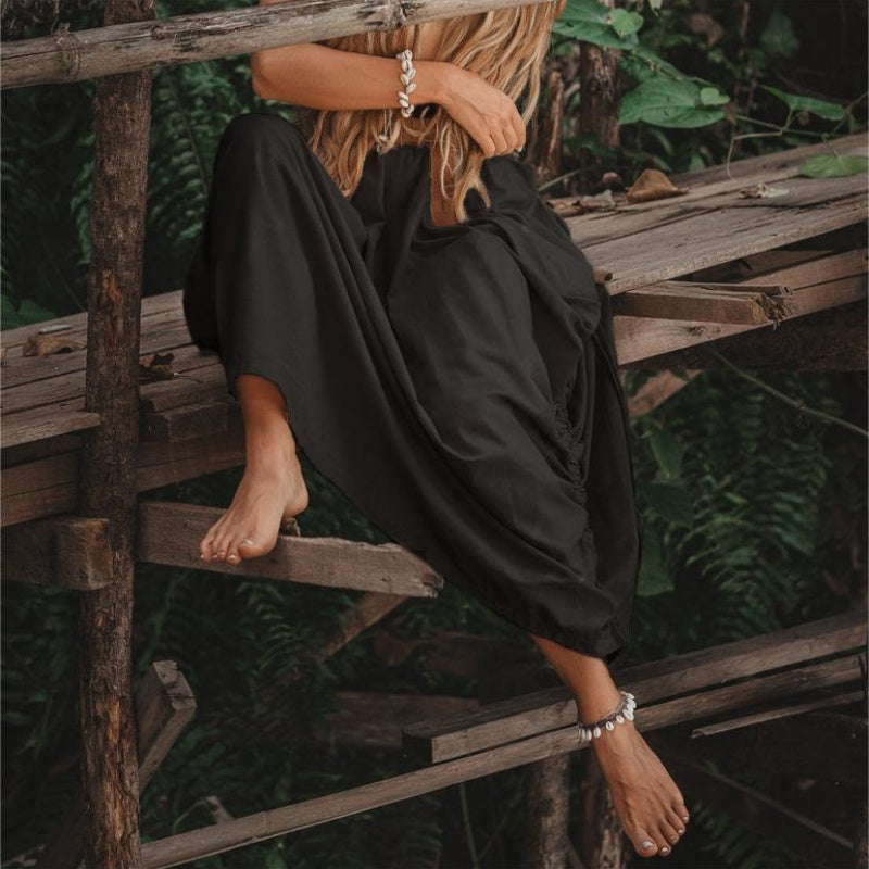 Jupe décontractée à larges poches latérales en coton et lin pour femmes