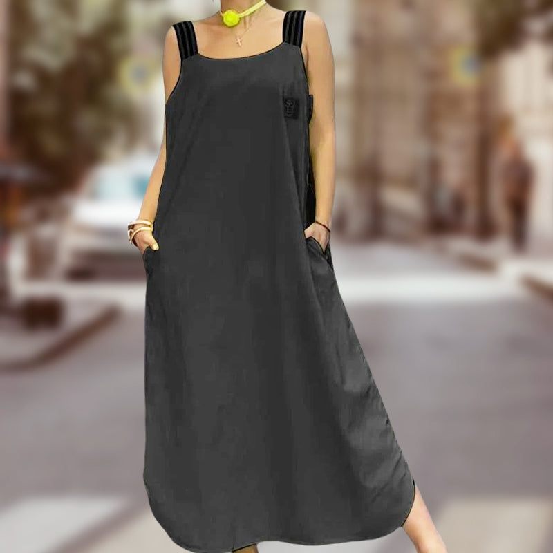 Robe décontractée en coton et lin à larges bretelles de couleur unie