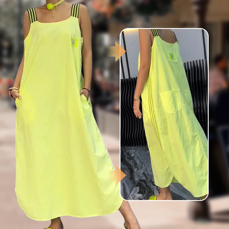 Robe décontractée en coton et lin à larges bretelles de couleur unie