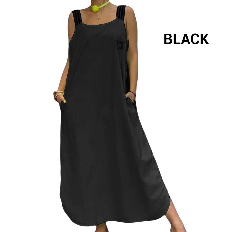 Robe décontractée en coton et lin à larges bretelles de couleur unie