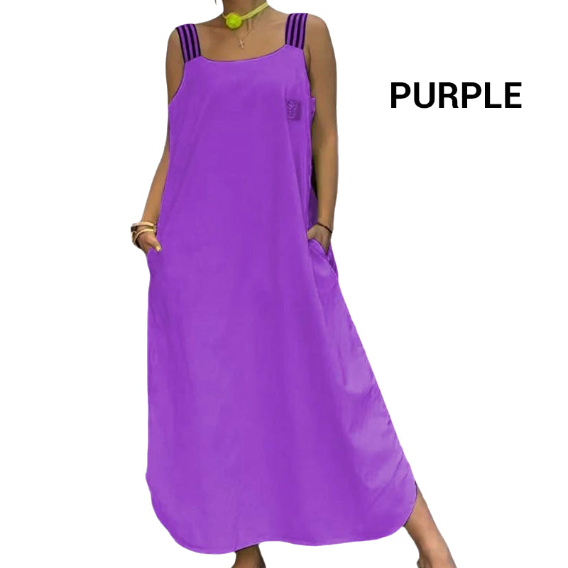 Robe décontractée en coton et lin à larges bretelles de couleur unie