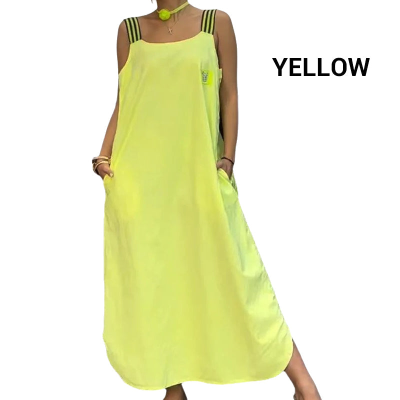 Robe décontractée en coton et lin à larges bretelles de couleur unie