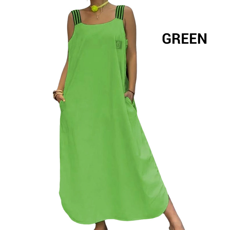 Robe décontractée en coton et lin à larges bretelles de couleur unie