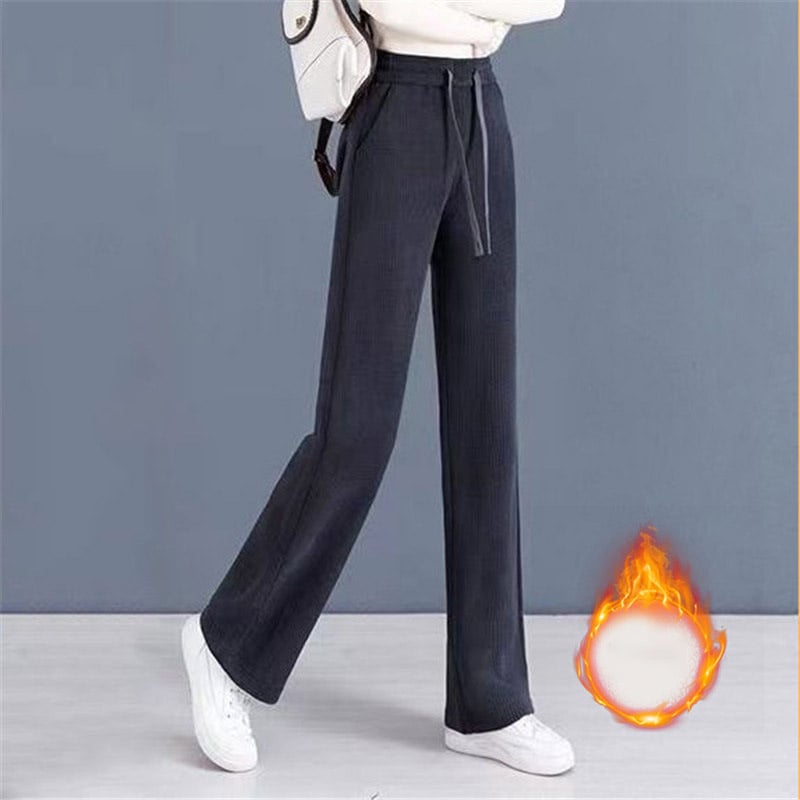 Pantalon épais pour femme, couleur unie, jambe droite et large, cordon de serrage