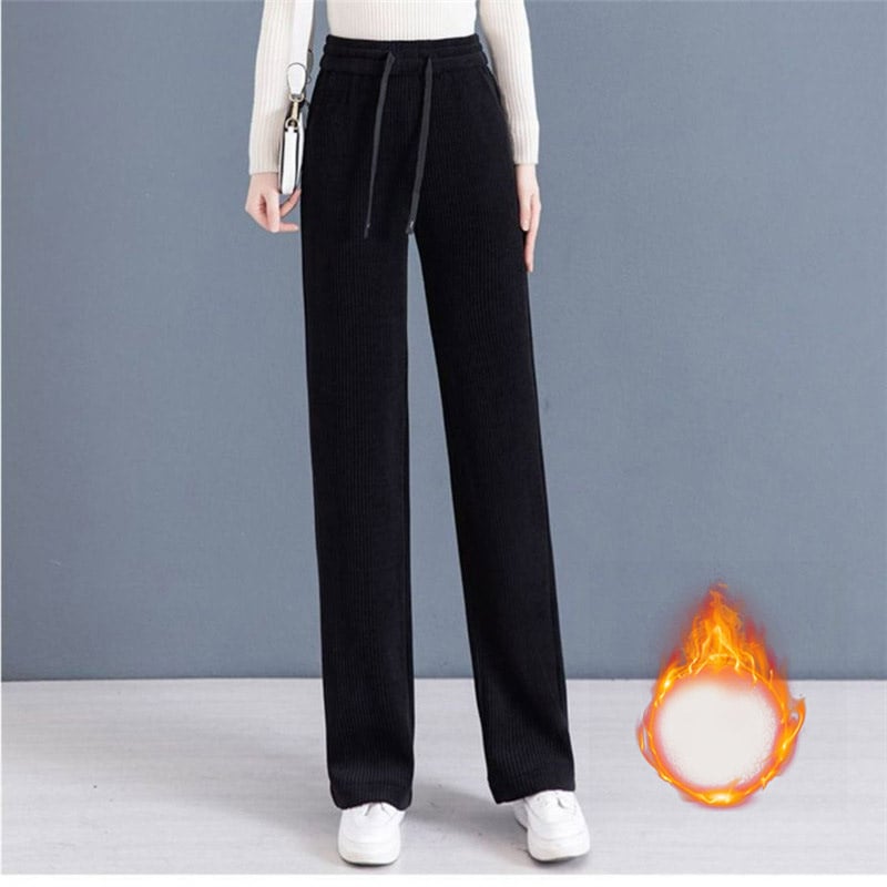 Pantalon épais pour femme, couleur unie, jambe droite et large, cordon de serrage