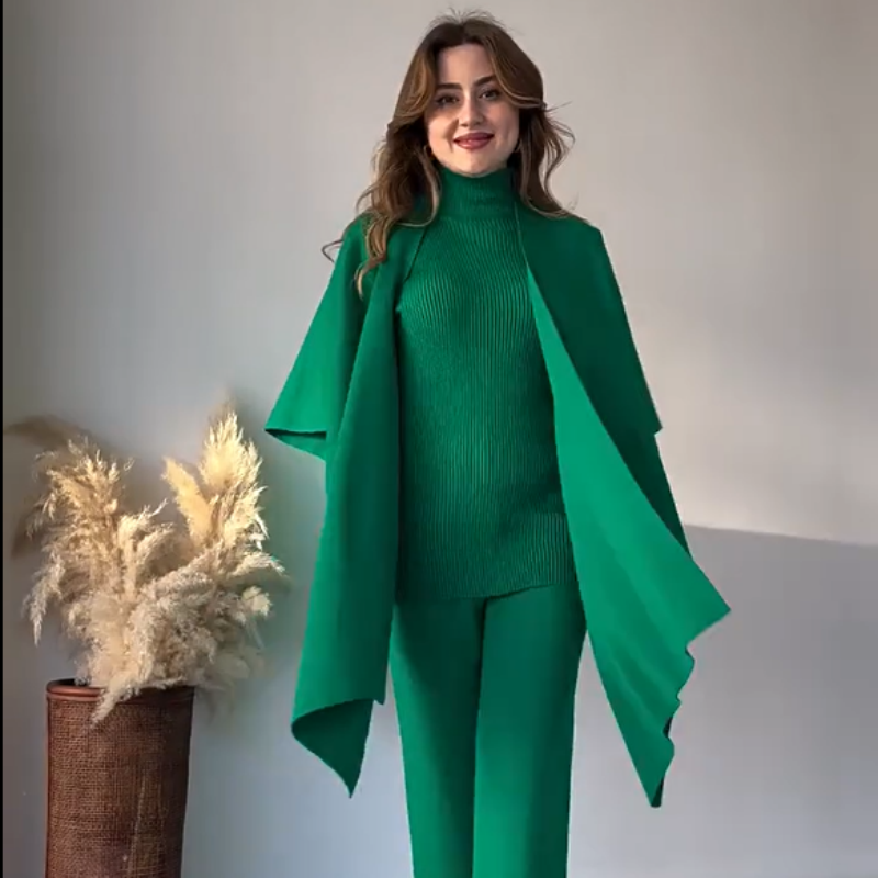 Costume trois pièces femme en maille stretch (haut + pantalon + châle)