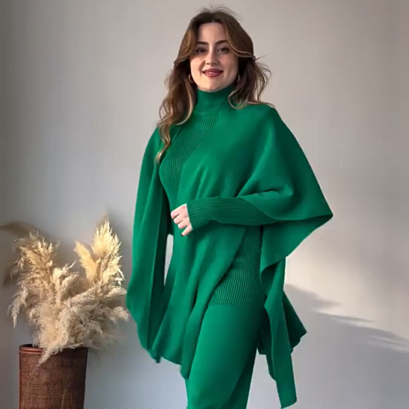 Costume trois pièces femme en maille stretch (haut + pantalon + châle)