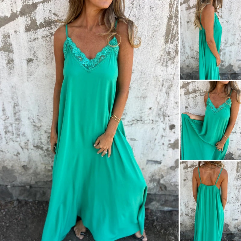 Elégante robe maxi décolleté V à bretelles spaghetti et dentelle pour femme