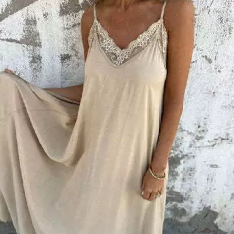 Elégante robe maxi décolleté V à bretelles spaghetti et dentelle pour femme
