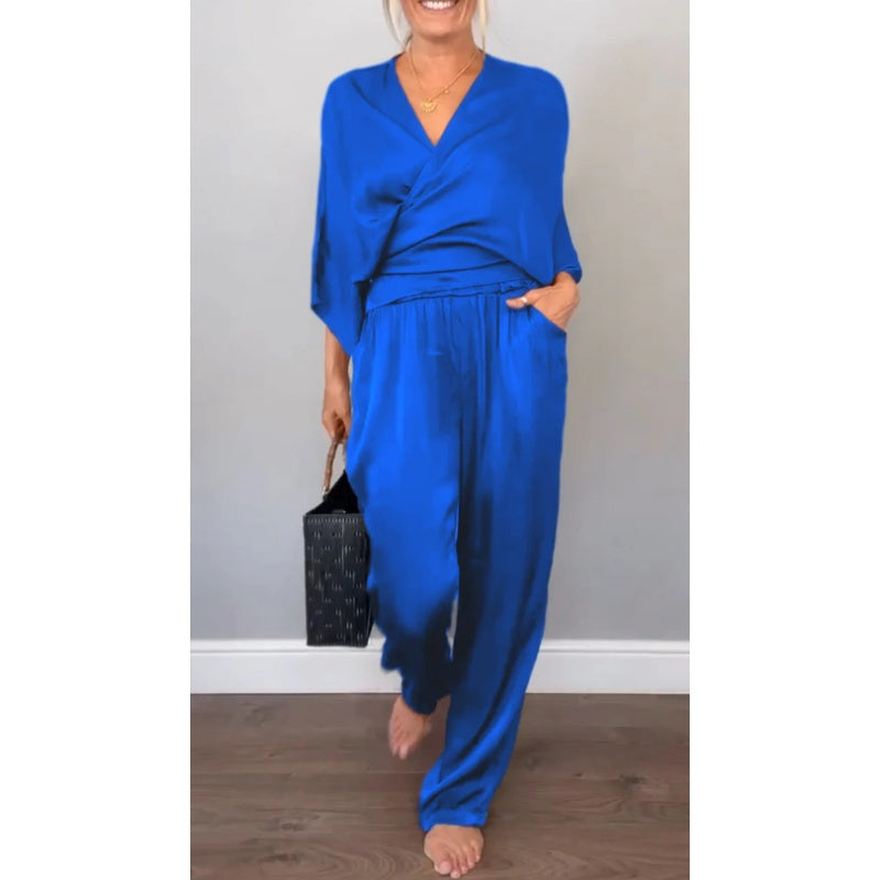 Ensemble 2 pièces élégant pour femme, haut à col en V et pantalon en coton mercerisé