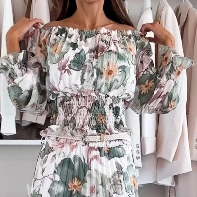 Ensemble deux pièces à motif floral : blouse épaules dénudées & jupe longue