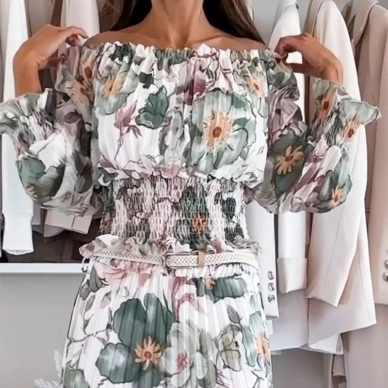 Ensemble deux pièces à motif floral : blouse épaules dénudées & jupe longue